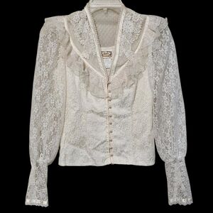 Vintage 70's Jessica's Gunnies Victorian Ivory Lace & Pearl Beaded Blouse Size 3